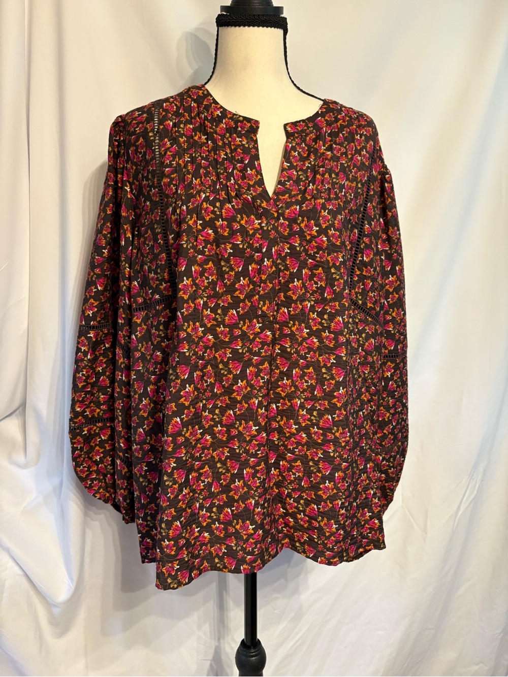 The Pioneer Woman Brown Floral Split-Neck Tunic with Pink/ Orange Bloom SZ XXL